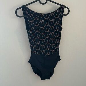 Ballet Rosa Black leotard with rose gold vine pattern. Size small.